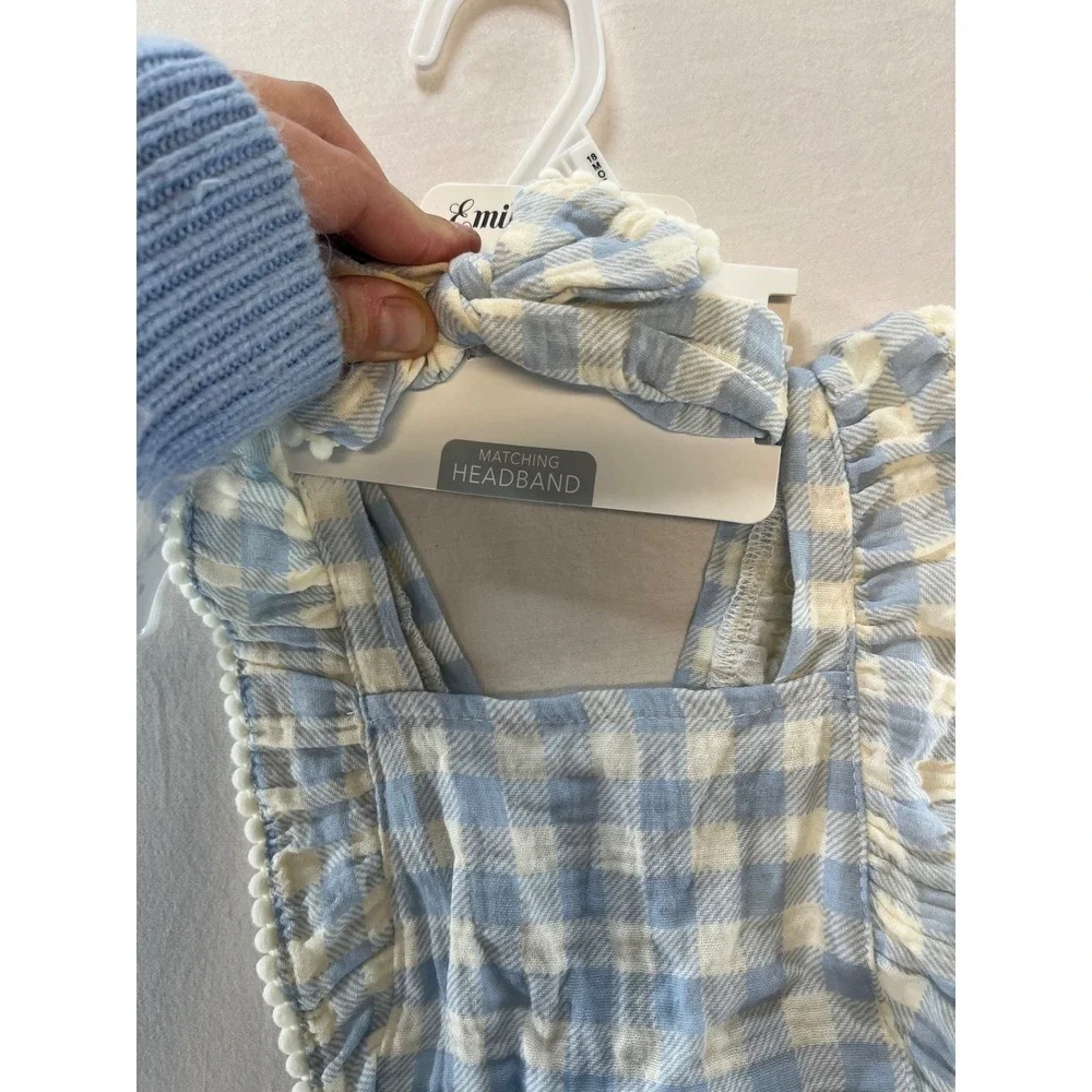NWT‎ Emily and Oliver Baby Girls Blue Gingham Romper and Headband Set 18 Months